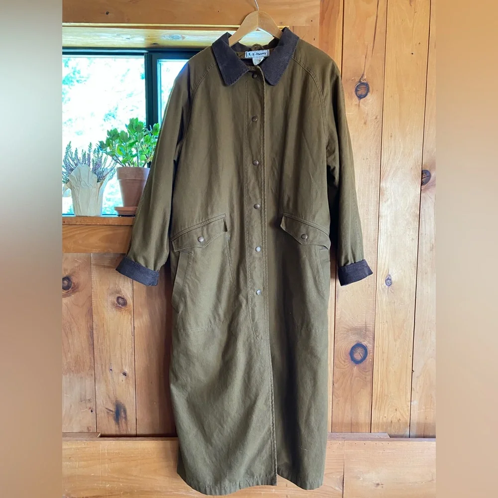 L.L. Bean Olive Trench Coat with Dark Brown Collar - Picture 10 of 10